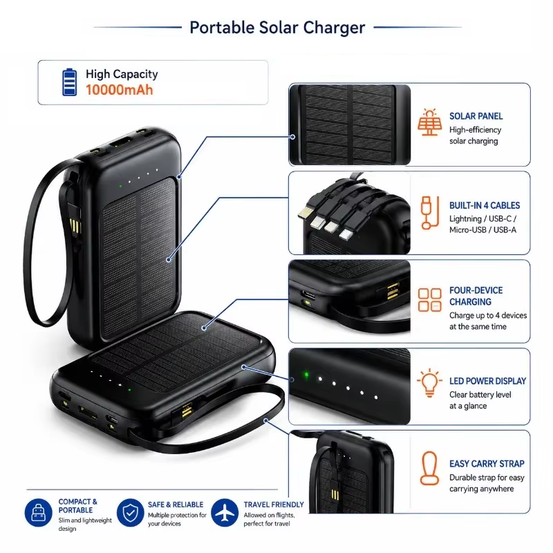 iLead 10,000mAh Solar Power Bank with Built-in Cable & LED Light – Portable Charger for Camping & Travel, White - Image 8