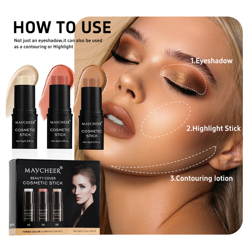 MAYCHEER 3-Piece Makeup Stick Set – Contour, Highlighter & Blush - Image 4