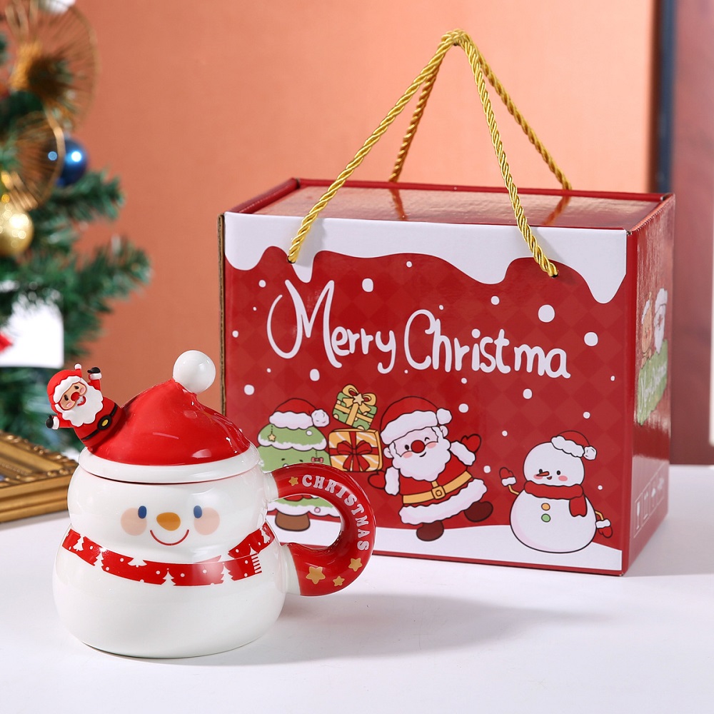 3D Christmas Ceramic Mug with Lid – Snowman Christmas Gift Cup
