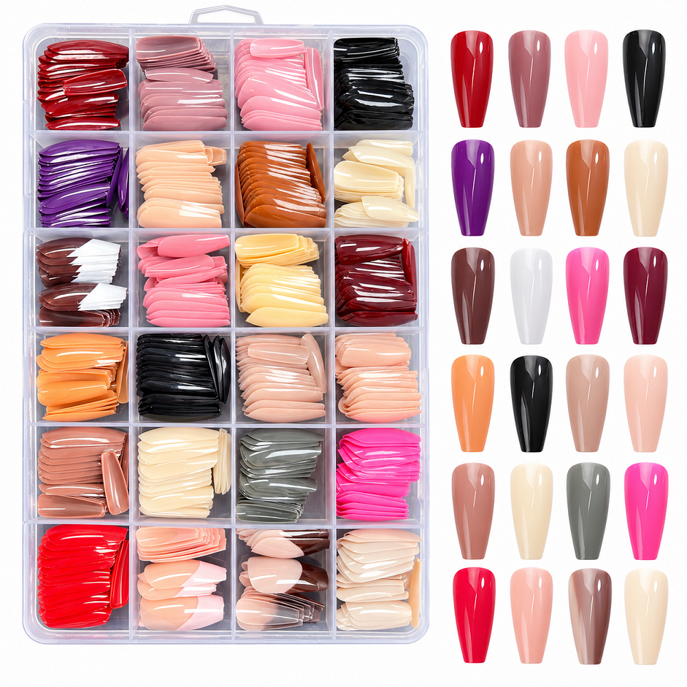 576PCS Long Coffin Press On Nails – 24 Colours Full Cover Acrylic False Nails