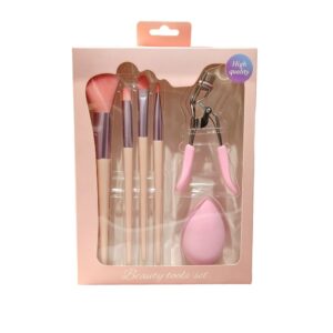 6-Piece Pink Makeup Brush Set with Makeup Brushes, Beauty Blender & Eyelash Curler