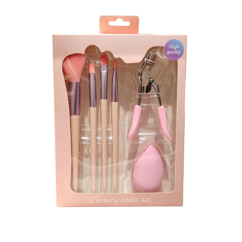 6-Piece Pink Makeup Brush Set with Makeup Brushes, Beauty Blender & Eyelash Curler - Image 2