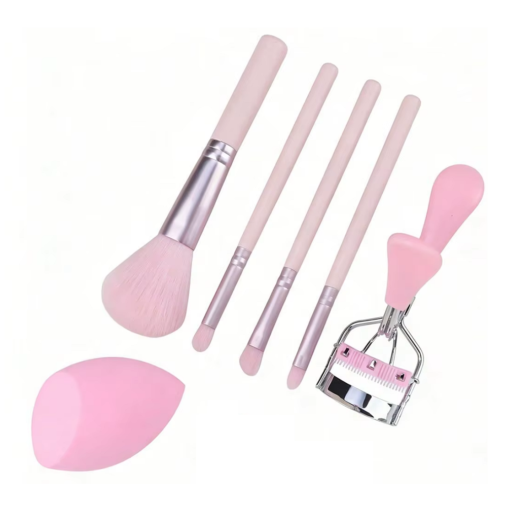 6-Piece Pink Makeup Brush Set with Makeup Brushes, Beauty Blender & Eyelash Curler - Image 6