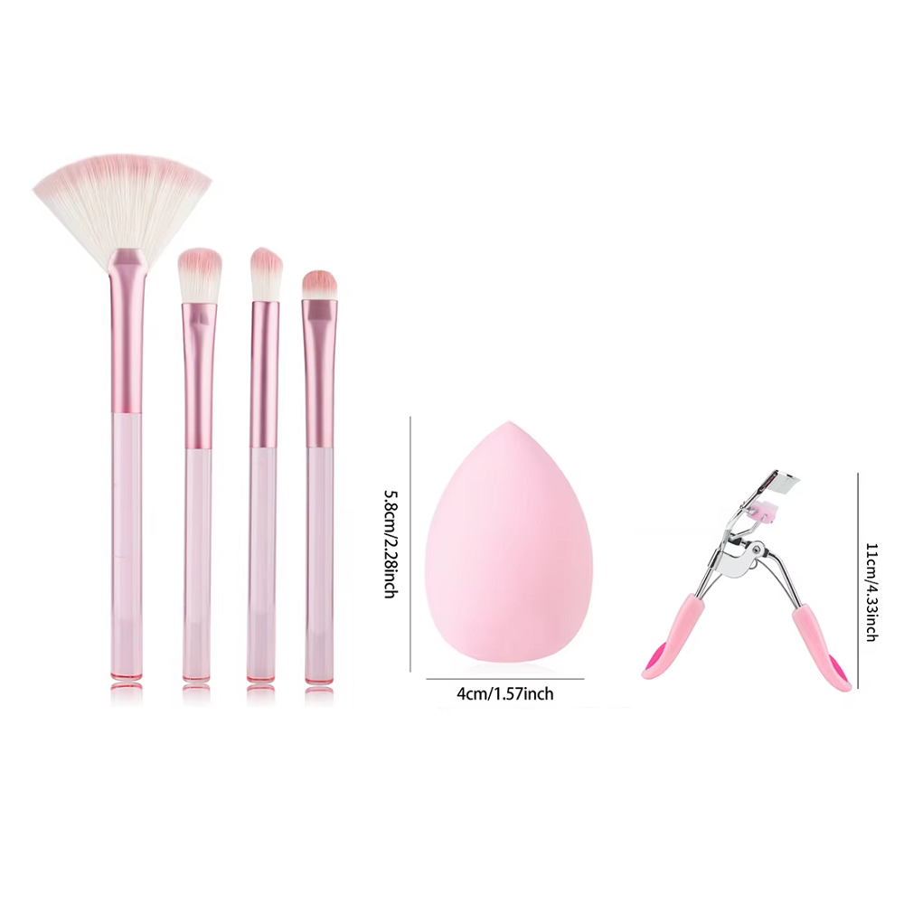 6-Piece Pink Makeup Brush Set with Makeup Brushes, Beauty Blender & Eyelash Curler - Image 5